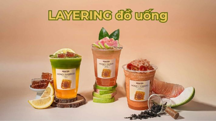 Nghệ thuật phối màu đồ uống - layering với các lớp nguyên liệu đẹp mắt, kết hợp trà trái cây và topping hấp dẫn.
