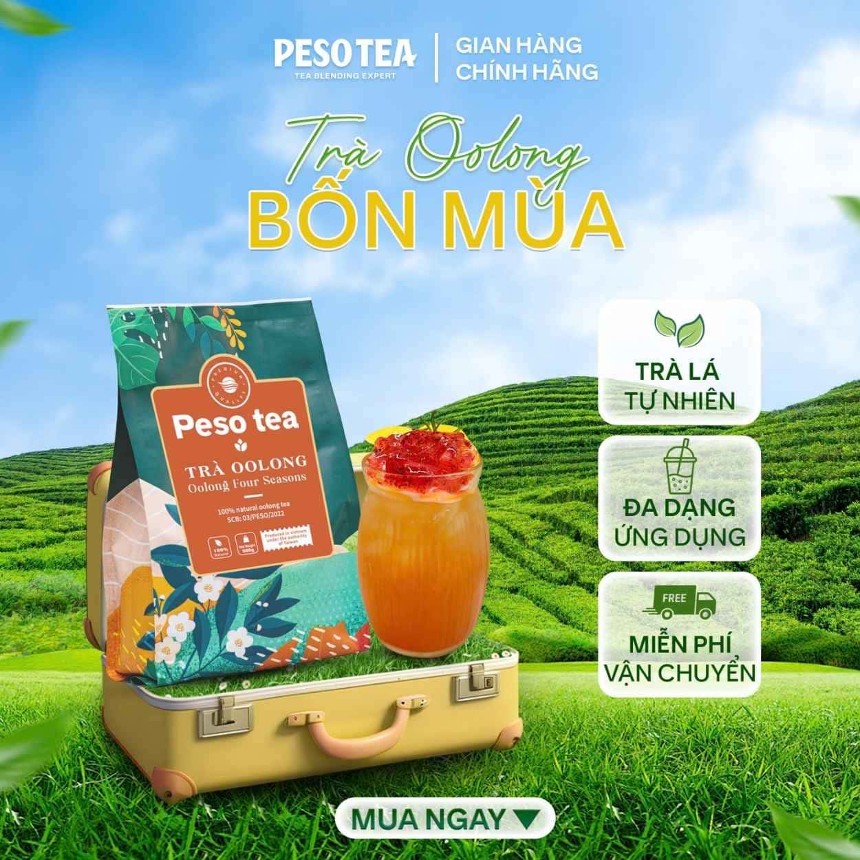 Trà Oolong PESO vị đào thơm mát, thức uống giải khát phù hợp cho bốn mùa, hương vị thanh nhẹ dễ uống.