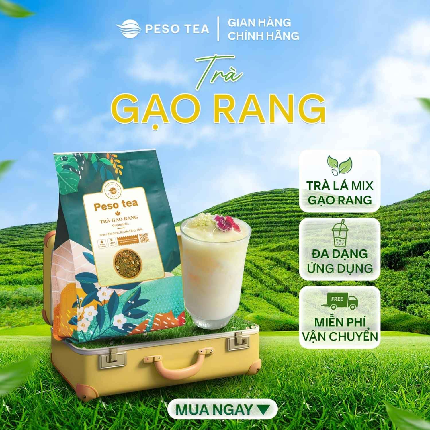 Trà Gạo Rang PESO kết hợp 30% trà xanh và 70% gạo lứt Việt Nam, mang hương gạo rang tự nhiên, vị chát nhẹ, hậu ngọt và phù hợp cho nhiều ứng dụng pha chế.